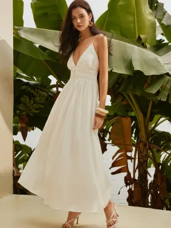 Outlet Backless Pleated Deep V-Neck Dress White Dresses|Casual Dresses