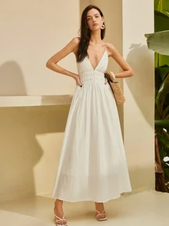 Outlet Backless Pleated Deep V-Neck Dress White Dresses|Casual Dresses