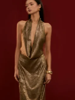 Online Backless Pleated Halter Dress Casual Dresses|Cocktail & Party Dresses