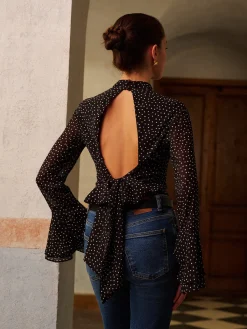 Online Backless Polka Dot Bow Chiffon Shirt Tops