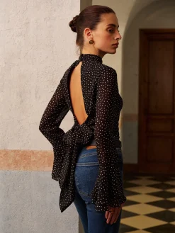 Online Backless Polka Dot Bow Chiffon Shirt Tops