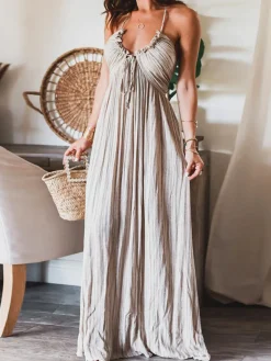 Backless U-Neck Halter Strap Long Dress White Dresses|Casual Dresses