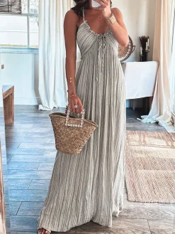 Backless U-Neck Halter Strap Long Dress White Dresses|Casual Dresses