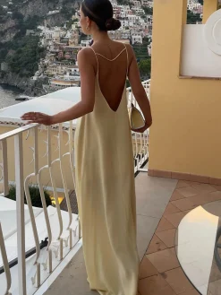 Sale Backless Vacation Satin Long Dress Casual Dresses|Vacation Dresses