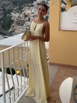Sale Backless Vacation Satin Long Dress Casual Dresses|Vacation Dresses