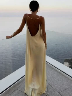 Sale Backless Vacation Satin Long Dress Casual Dresses|Vacation Dresses