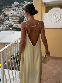 Sale Backless Vacation Satin Long Dress Casual Dresses|Vacation Dresses