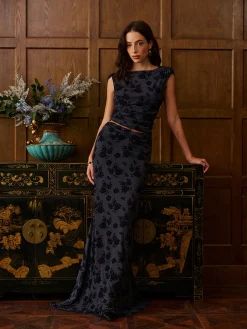 Sale Backless Velvet-Floral Pleated Skirt Set Skirt Sets|Long Sleeve Sets