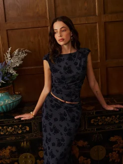 Sale Backless Velvet-Floral Pleated Skirt Set Skirt Sets|Long Sleeve Sets