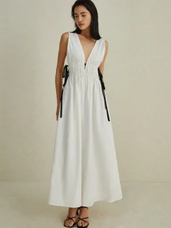 Clearance Backless V-neck Drawstring Long Dress White Dresses|Cocktail & Party Dresses