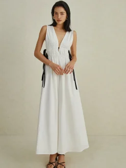 Clearance Backless V-neck Drawstring Long Dress White Dresses|Cocktail & Party Dresses