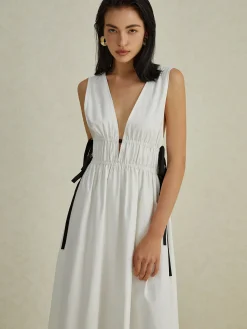 Clearance Backless V-neck Drawstring Long Dress White Dresses|Cocktail & Party Dresses