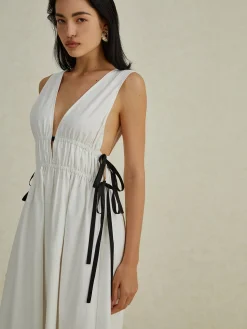 Clearance Backless V-neck Drawstring Long Dress White Dresses|Cocktail & Party Dresses