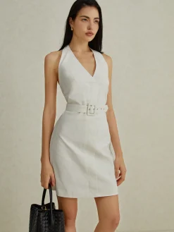Best Backless V-Neck Short Dress With Belt White Dresses|Casual Dresses
