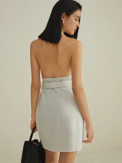 Best Backless V-Neck Short Dress With Belt White Dresses|Casual Dresses