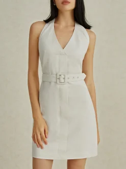 Best Backless V-Neck Short Dress With Belt White Dresses|Casual Dresses