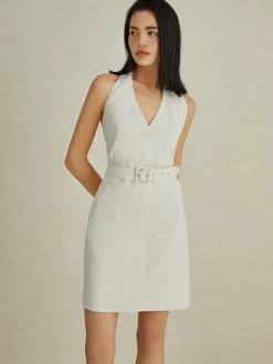 Best Backless V-Neck Short Dress With Belt White Dresses|Casual Dresses
