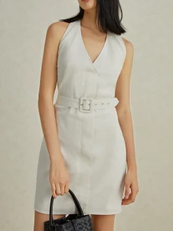 Best Backless V-Neck Short Dress With Belt White Dresses|Casual Dresses