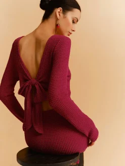 Outlet Backless Waffle Bow Knit Short Dress Casual Dresses|Work Dresses