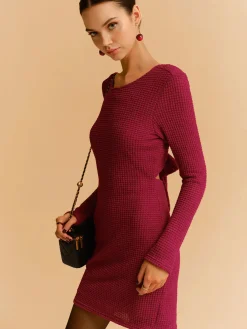 Outlet Backless Waffle Bow Knit Short Dress Casual Dresses|Work Dresses