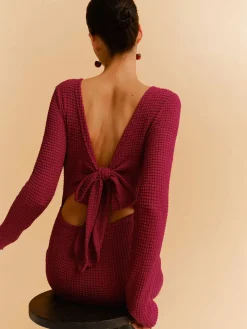 Outlet Backless Waffle Bow Knit Short Dress Casual Dresses|Work Dresses