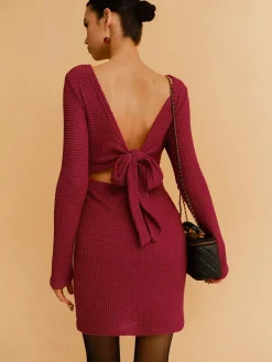 Outlet Backless Waffle Bow Knit Short Dress Casual Dresses|Work Dresses