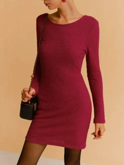 Outlet Backless Waffle Bow Knit Short Dress Casual Dresses|Work Dresses