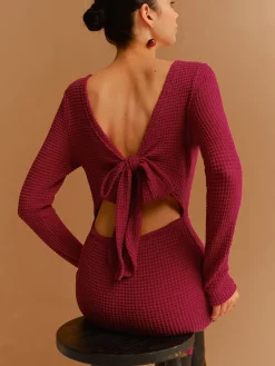 Outlet Backless Waffle Bow Knit Short Dress Casual Dresses|Work Dresses
