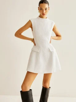 Best Backless Zipper Tweed Short Dress White Dresses|Casual Dresses