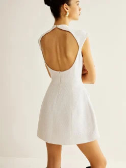 Best Backless Zipper Tweed Short Dress White Dresses|Casual Dresses