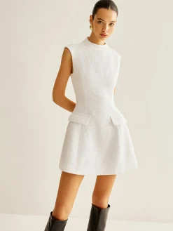 Best Backless Zipper Tweed Short Dress White Dresses|Casual Dresses