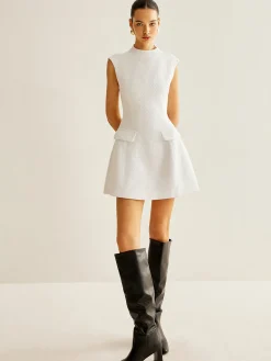 Best Backless Zipper Tweed Short Dress White Dresses|Casual Dresses