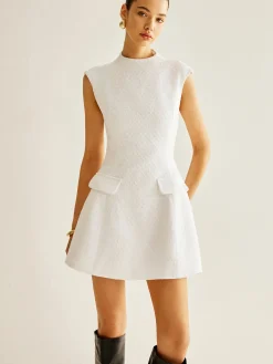 Best Backless Zipper Tweed Short Dress White Dresses|Casual Dresses