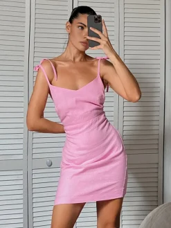 Barbie Beloved Cotton Backless Knotted Short Dress Casual Dresses|Work Dresses