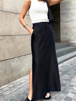 Discount Basic Buttoned Maxi Skirt Skirts|Bottoms