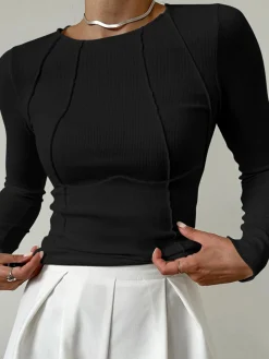 Sale Basic Piping Long Sleeve Top Sweater Tops|T-shirts