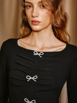 Clearance Beaded Bow Pleated Slit Knit Top Knitwear|Tops