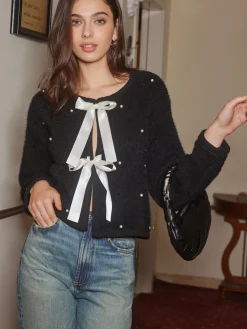 New Beaded Decor Bow Knit Top Sweater Tops|Sweaters & Cardigans