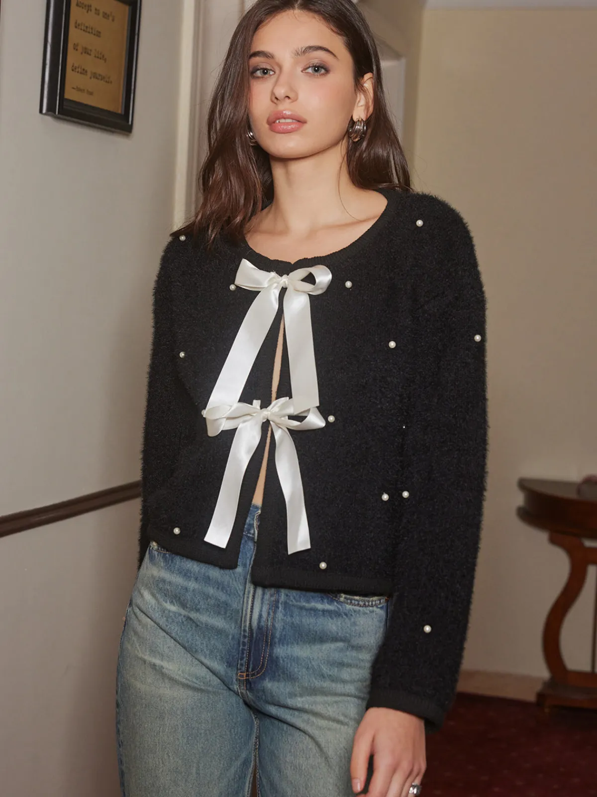 New Beaded Decor Bow Knit Top Sweater Tops|Sweaters & Cardigans