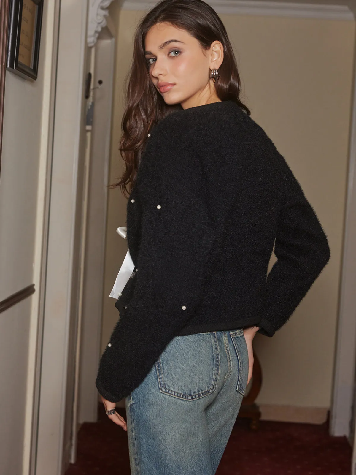 New Beaded Decor Bow Knit Top Sweater Tops|Sweaters & Cardigans