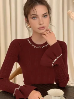 Best Beaded-Decor Ruffle Knit Top Sweater Tops|Sweaters & Cardigans