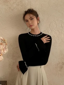 Best Beaded-Decor Ruffle Knit Top Sweater Tops|Sweaters & Cardigans