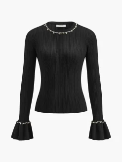 Best Beaded-Decor Ruffle Knit Top Sweater Tops|Sweaters & Cardigans