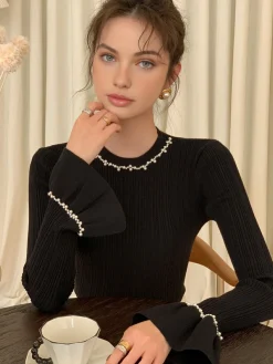 Outlet Beaded-Decor Ruffle Knit Top Sweater Tops|Sweaters & Cardigans