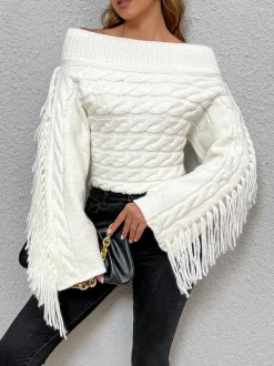 New Beheme Off-Shoulder Tassel Sweater Sweater Tops|Sweaters & Cardigans