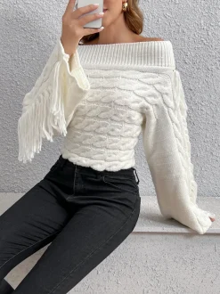 New Beheme Off-Shoulder Tassel Sweater Sweater Tops|Sweaters & Cardigans