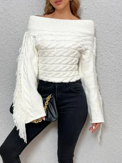 New Beheme Off-Shoulder Tassel Sweater Sweater Tops|Sweaters & Cardigans