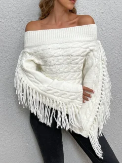 New Beheme Off-Shoulder Tassel Sweater Sweater Tops|Sweaters & Cardigans
