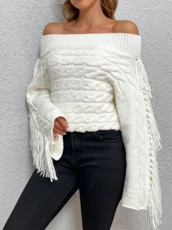 New Beheme Off-Shoulder Tassel Sweater Sweater Tops|Sweaters & Cardigans
