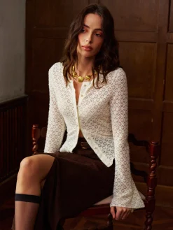 Sale Bell Sleeve Button Down Slim Blouse Tops